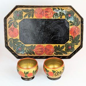 Vtg USSR Khokhloma Small Cups Black Red Gold Painted Wood Cups and Tin Tray